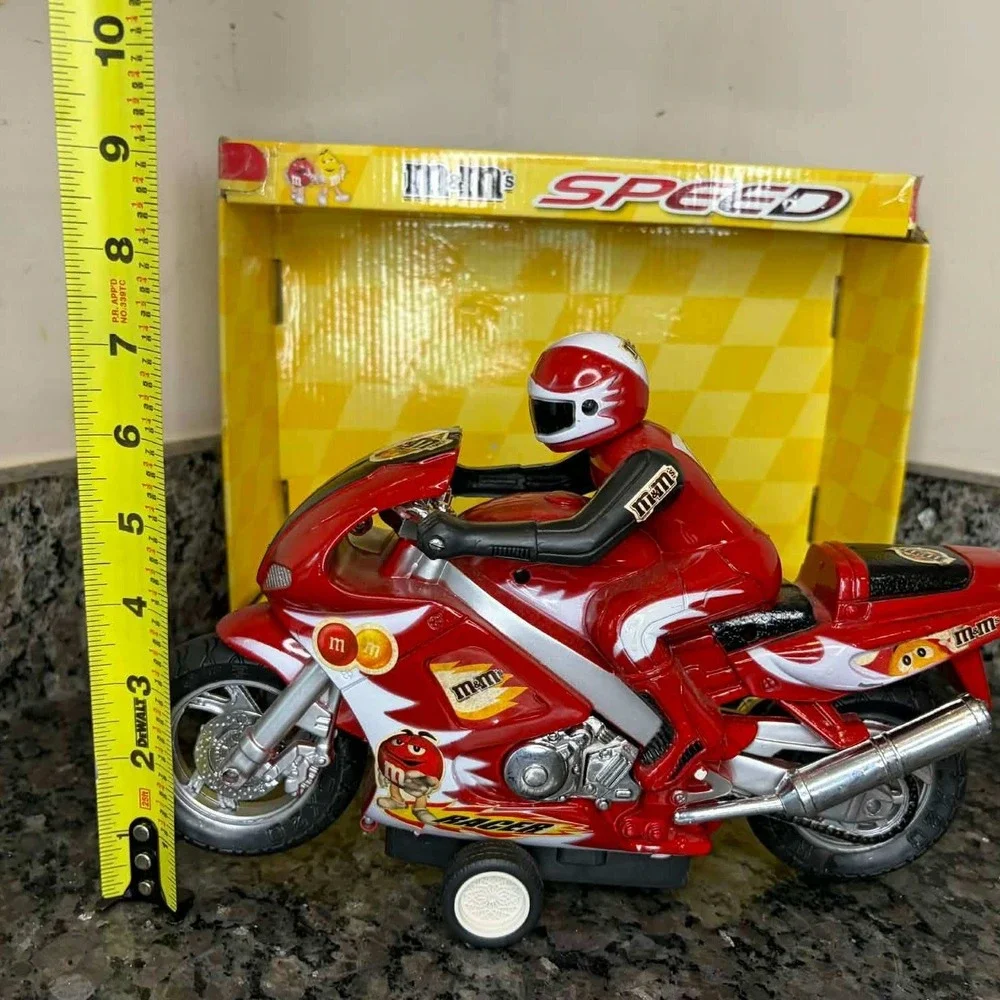 RARE M&M's Speed Racer Red Motorcycle Toy with Rider Figure Original Box 11 inch